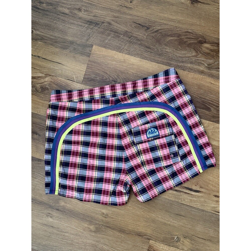 Sundek pink blue green purple plaid stripes swim trunks board shorts 34 NWOT